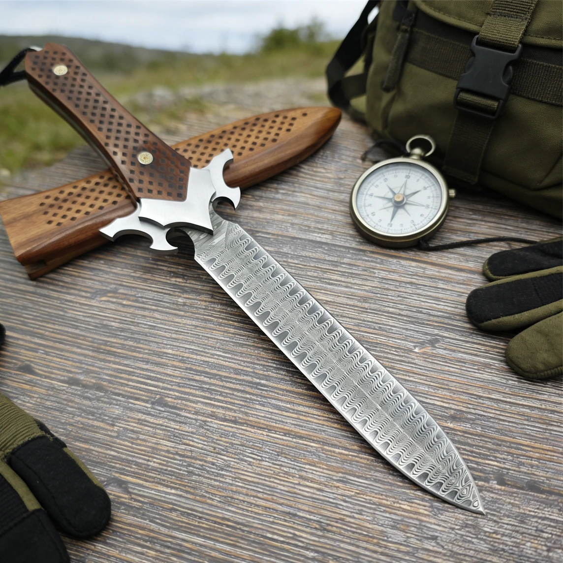 

Нож EDC для кемпинга с лезвием из дамасской стали VG10 высокой твердости, деревянными рукоятками и деревянными ножнами, туристический нож, нож для альпинизма, инструмент для выживания EDC