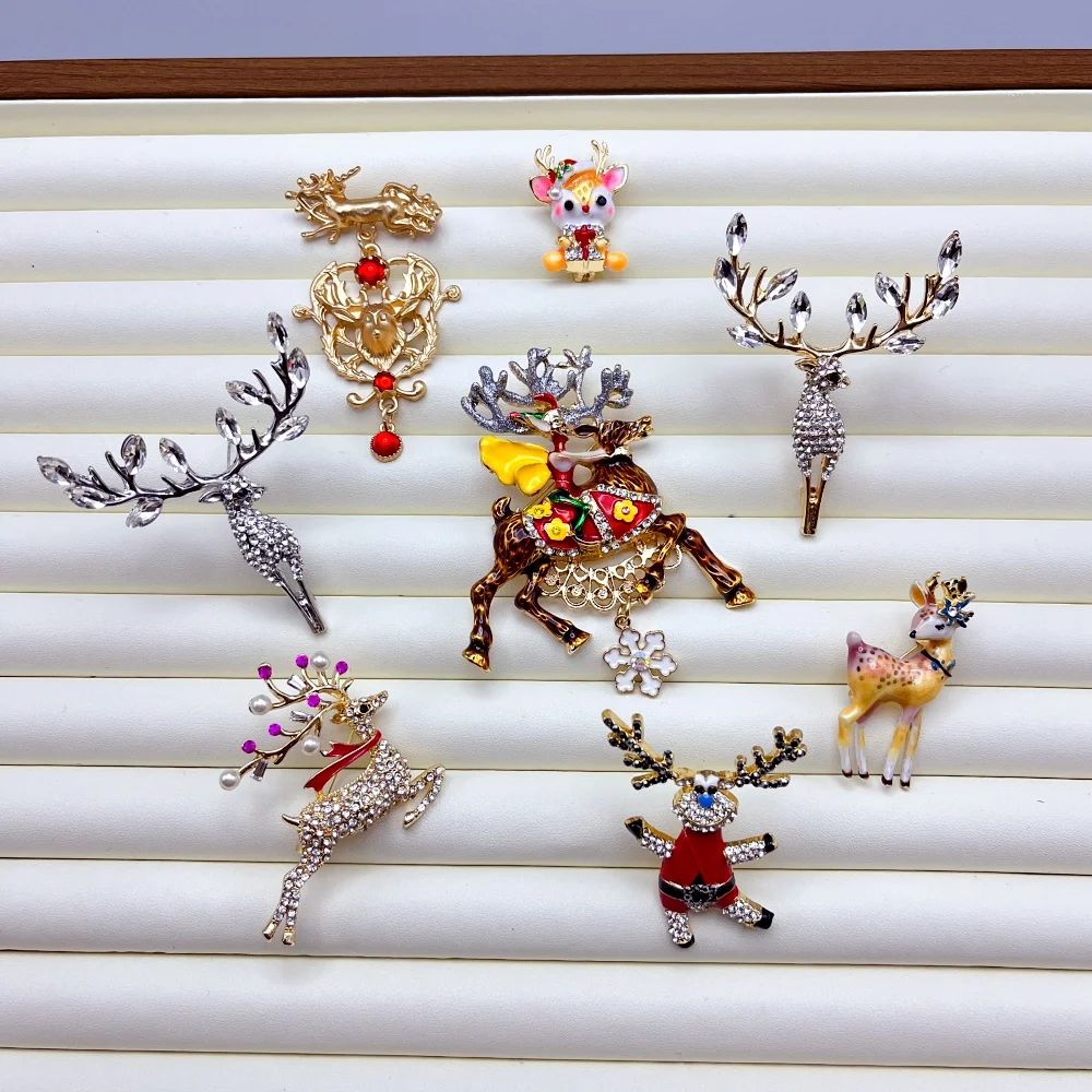 Christmas Deer Brooches Many Design Lovely Enamel Rhinestone Animal Brooch Badge Pins New Year Women Fashion Jewelry Gifts