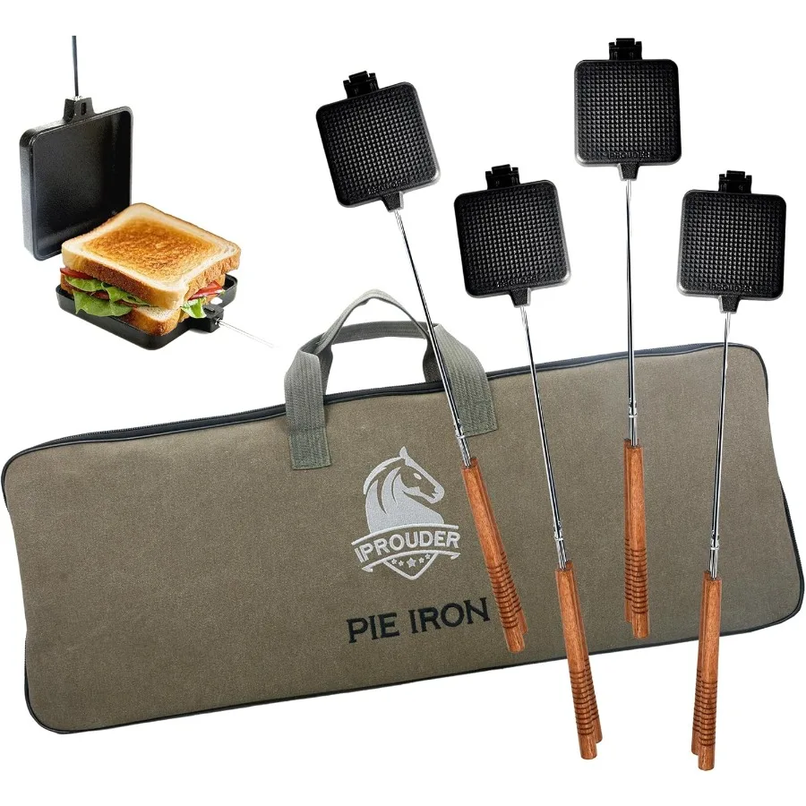 

Campfire Pie Iron 4.9 Large Cast Iron Sandwich Maker for Camping 4 Pcs with Storage Bag - 22.6 Inch Thickened Handles - Durable
