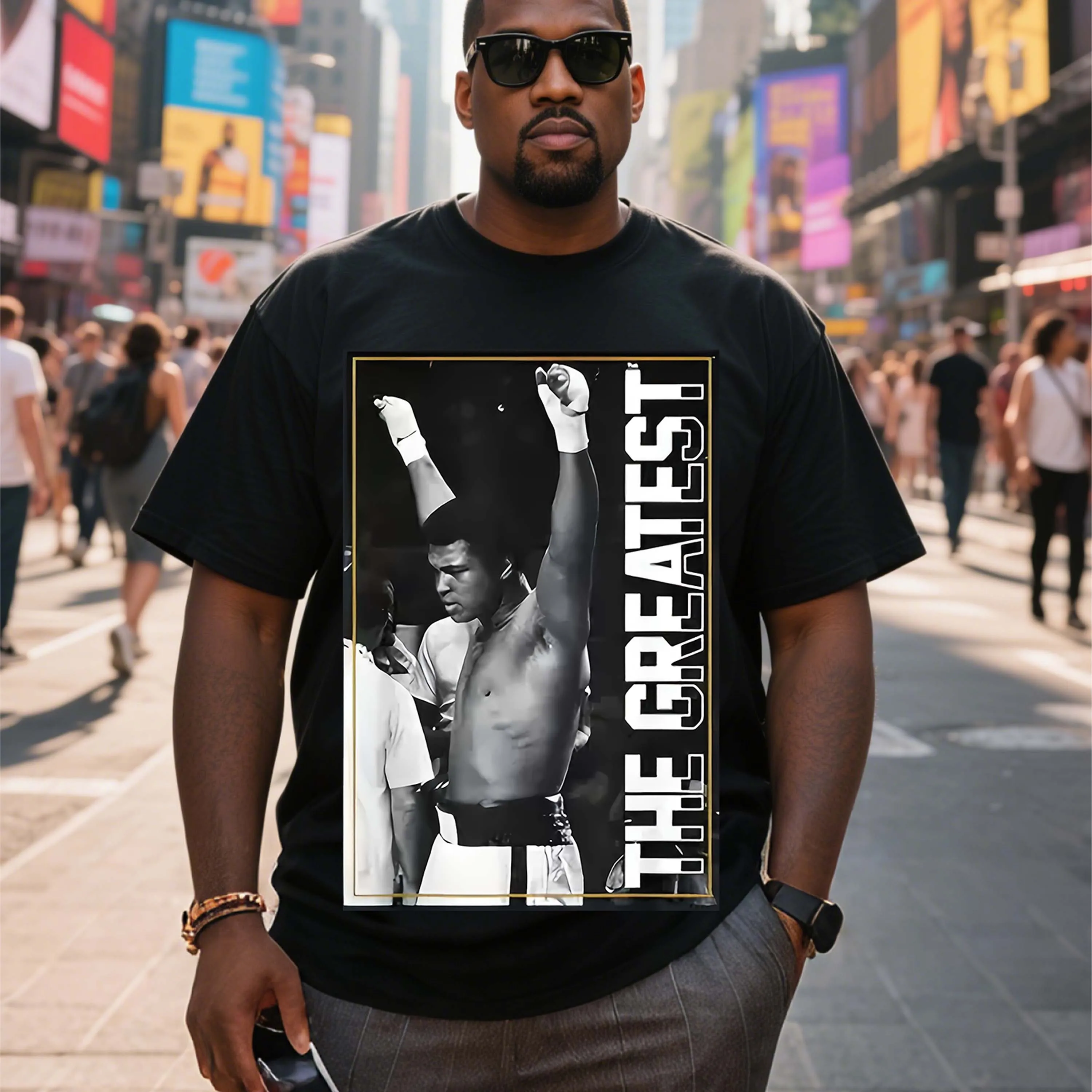 Plus Size Black Short Sleeve T-Shirt with Muhammad Ali Pattern Suitable for Outdoor Leisure Wear in Summer