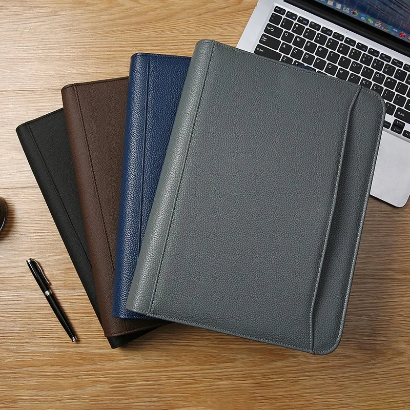 Black a4 Executive Leather Zippered Portfolio Organizer Folder Document Bag Briefcase Filing Cabinet Office Stationery Supplies