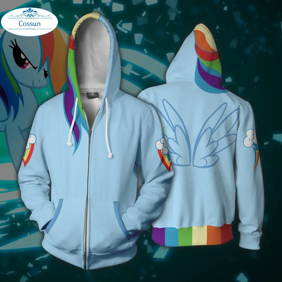 Fantasias Cosplay Rainbow Dash para homens e mulheres, capuz Princesa Luna, capuz 3D com zíper, casacos de animação Cartoon