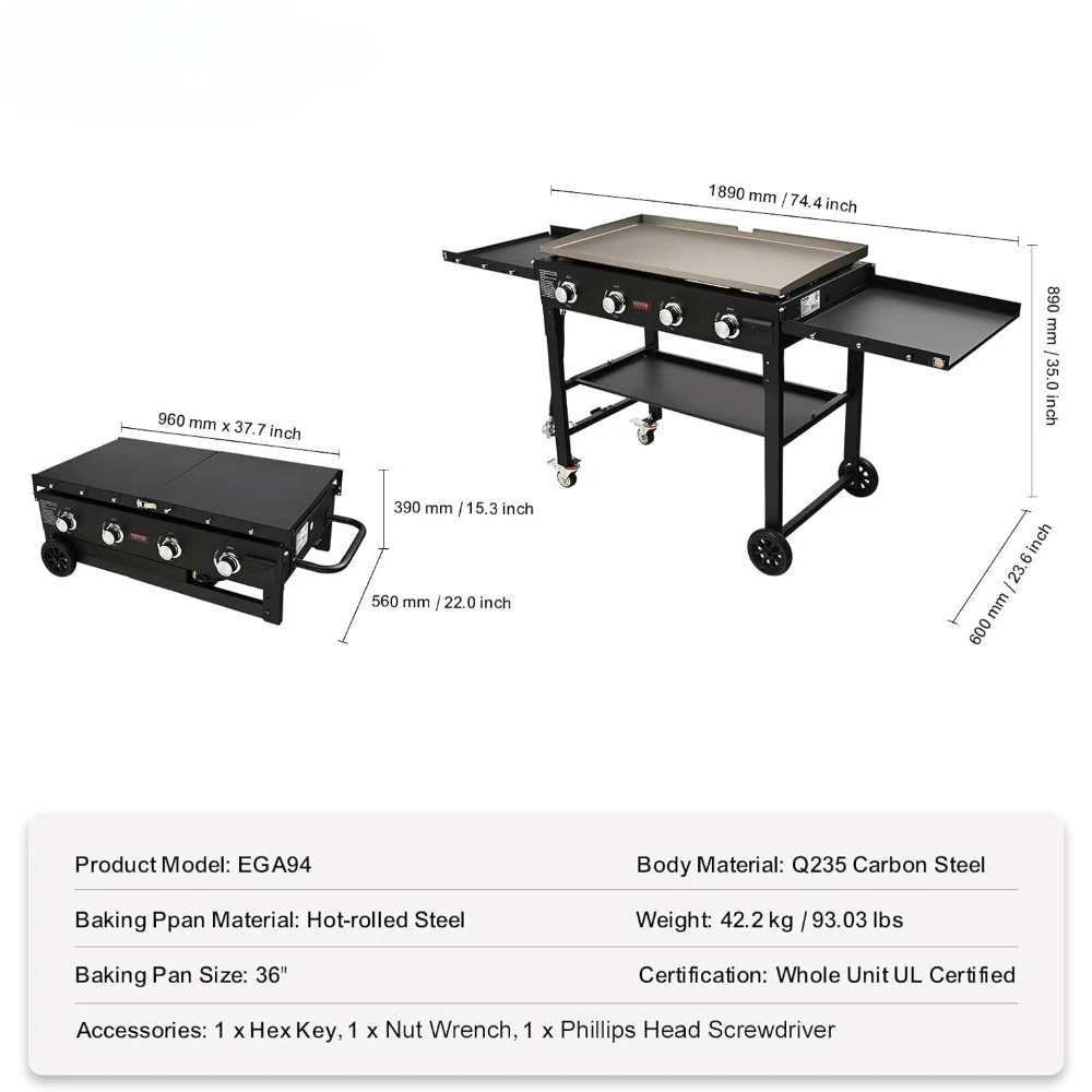 Gas Griddle with Side Shelves, 36