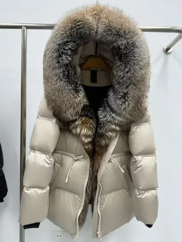 Fox Fur Jacket Women Loose Hooded White Goose Down Coat Female New Autumn Winter Thick Warm Natural Real Fur Puffer Jacket Lady