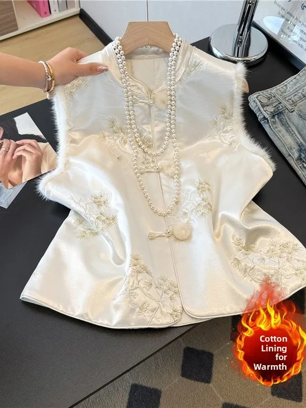 Nouveau chinois Sle brodé fourrure de vison Patchwork gilet rond Ne Svel coton doublé chaud épaulette haut pour femme