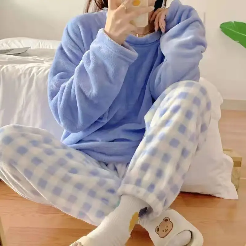 Fleece Thick Warm Women\'s Pajamas Set Winter Sleepwear Casual Solid Top and Plaid Pants Soft Pijamas Set for Women Home Suit