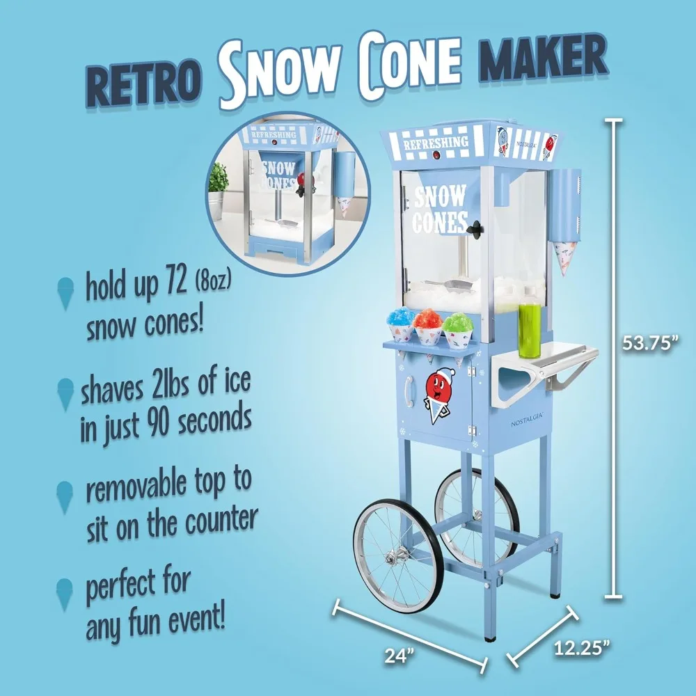 Snow Cone Shaved Ice Machine - Retro Cart Slushie Machine Makes 72 Icy Treats - Includes Metal Scoop, 2 Syrup Bottles