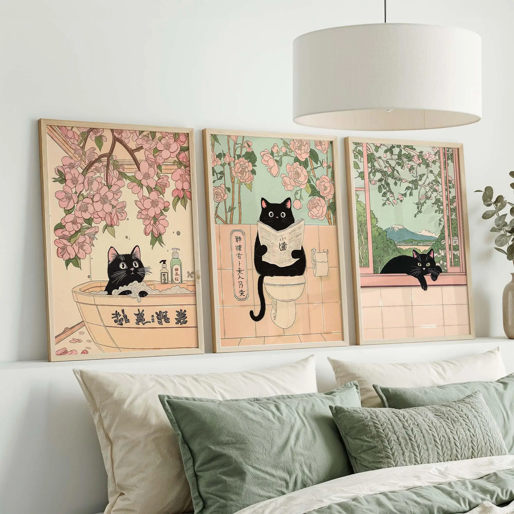 

3pcs frameless Black Cat Bathroom Wall Art Japanese Style Cat Pooping Funny Prints Cat on Toilet Bath Decor for Restroom Cat Ar