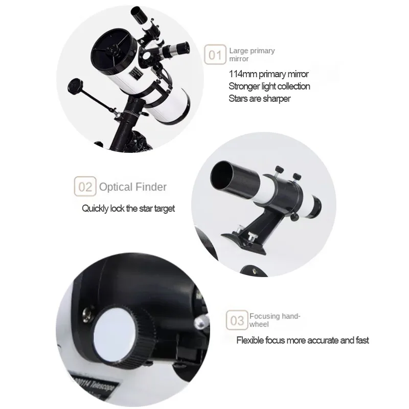 Skyoptikst 1000x 114EQ Reflector Astronomical Telescope White High Power Equatorial Mount Space Star Planet Moon Saturn Jupiter