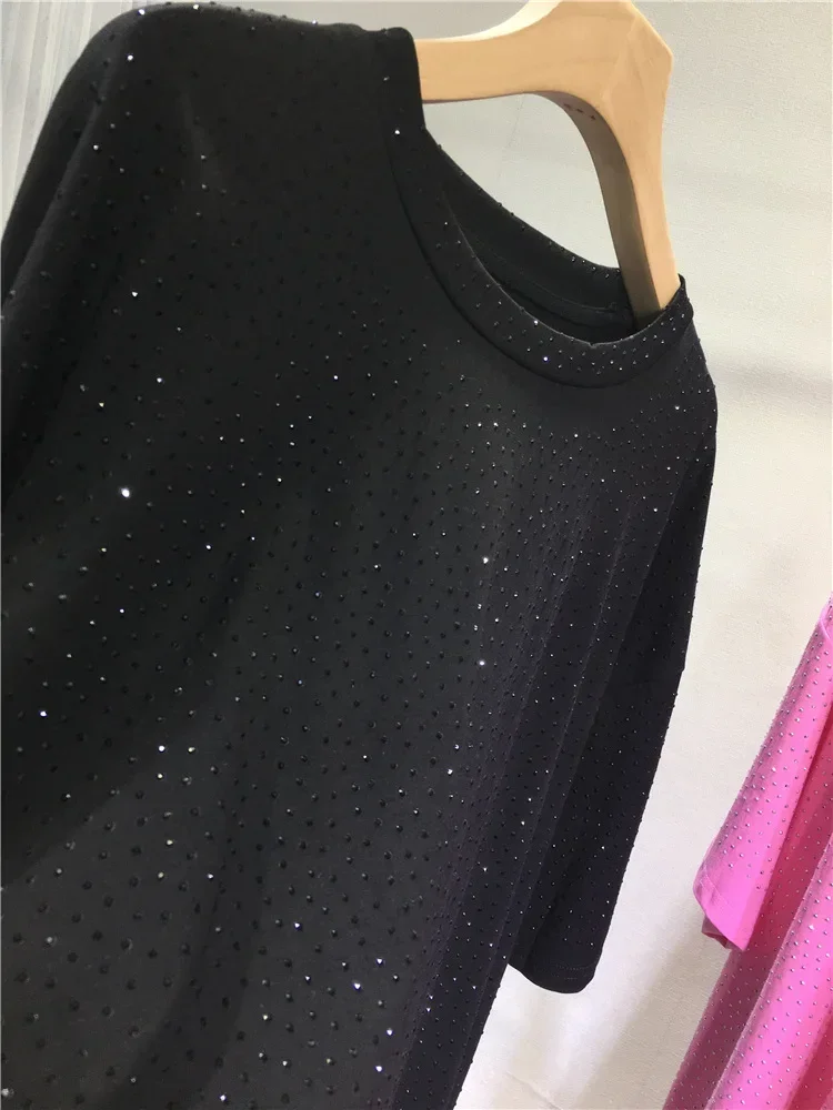 Women Hot drilling Diamonds T-shirts Round Neck Sequined Tees Loose Medium Length Summer Cotton Beaded Tshirts Jumpers Crop Tops