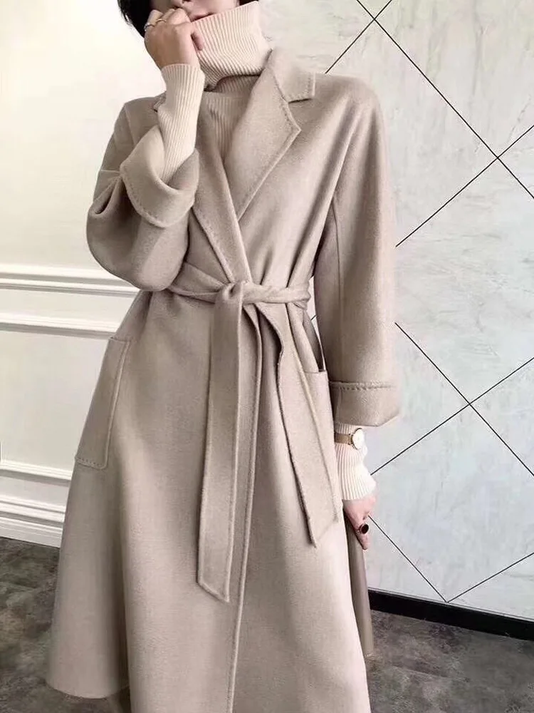 Casual Water Ripple Double-sided Cashmere Wool Coat Women Elegant Bathrobe Style Lapel Neck Long Sleeve Fashion Autumn Winter