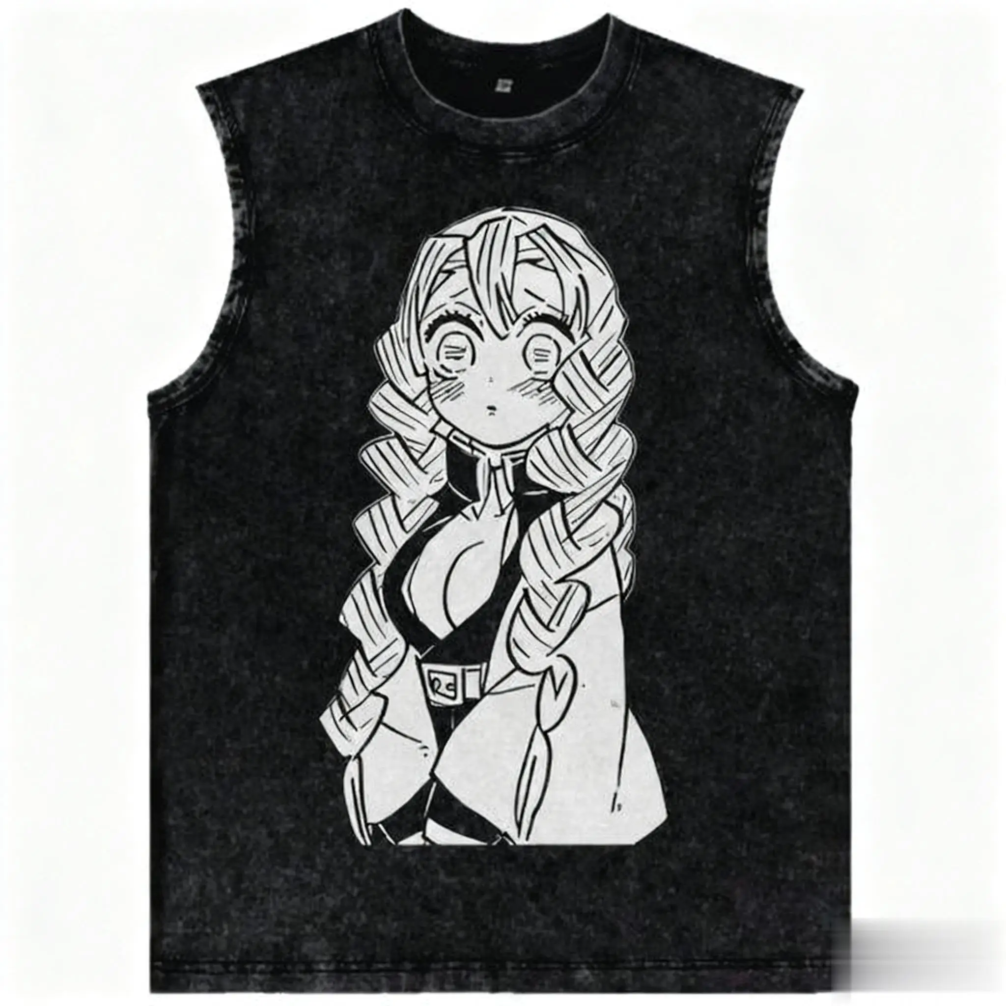 الشارع الشهير شيطان القاتل أنيمي سترة رياضية الرجال النساء أكمام التي شيرت خمر غسلها الجرافيك طباعة تانك القمم 2025 الصيف Harajuku #5