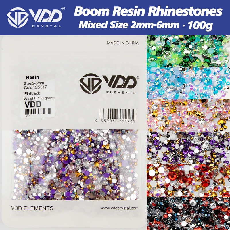 VDD Wholesale 30/100g Mix Size 2-6mm Resin Rhinestones Crystal Color AB Flatback Stones For DIY Crafts Nail Art Decorations