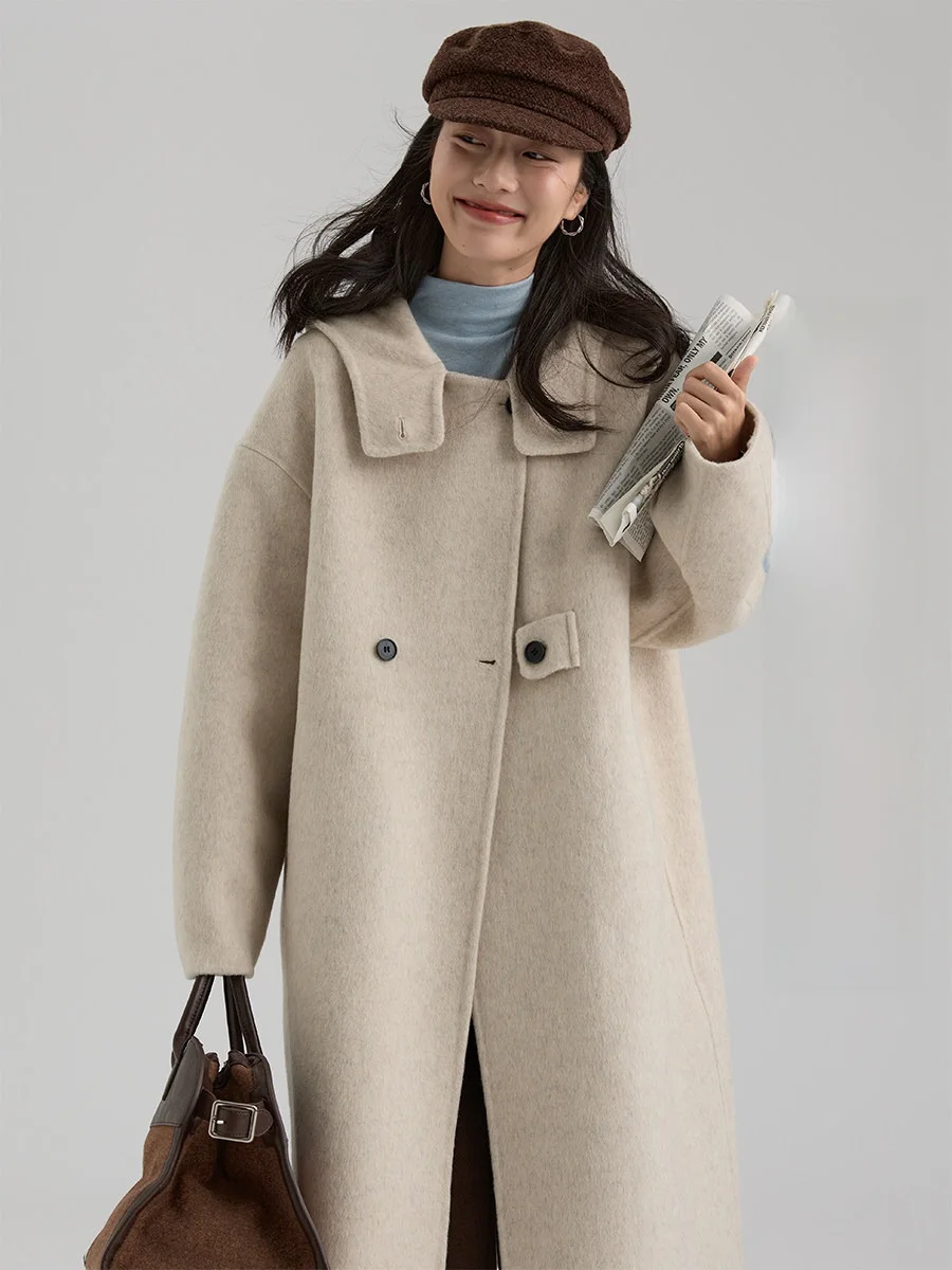 

Double-Faced Woolen Coat for Women Mid-Length Pure Color Ele Korean Sle Commute Long Sve Single Button Closure