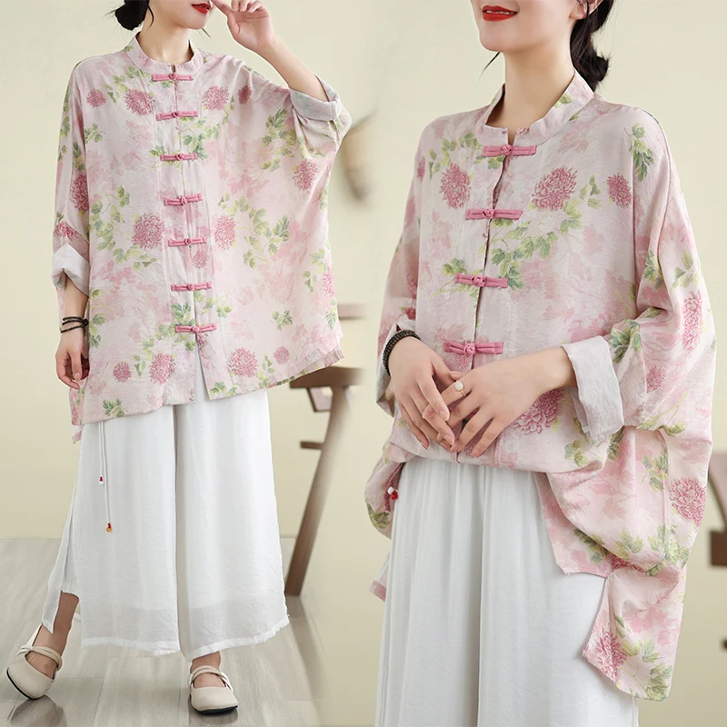 

Элегантная винтажная блузка свободного кроя с принтом, на пуговицах, с воротником-стойкой, длинными рукавами, женская повседневная модная верхняя одежда для весны и осени