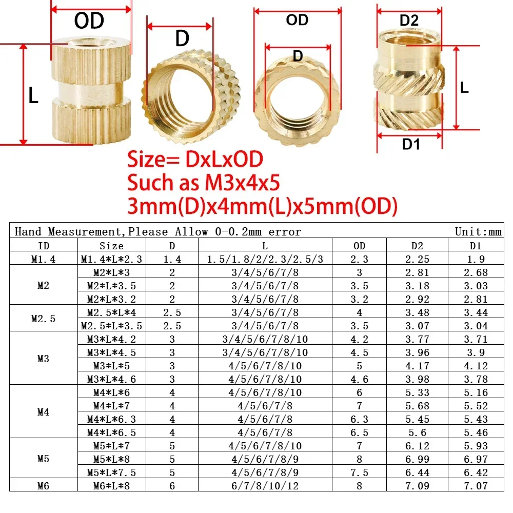 M2 M2.5 M3 M4 M5 M6 Brass Inserts  Hot Insert Nut Melting Heat Copper Nuts 3D Printer Laptop Nutsert Embedded Injection Nuts