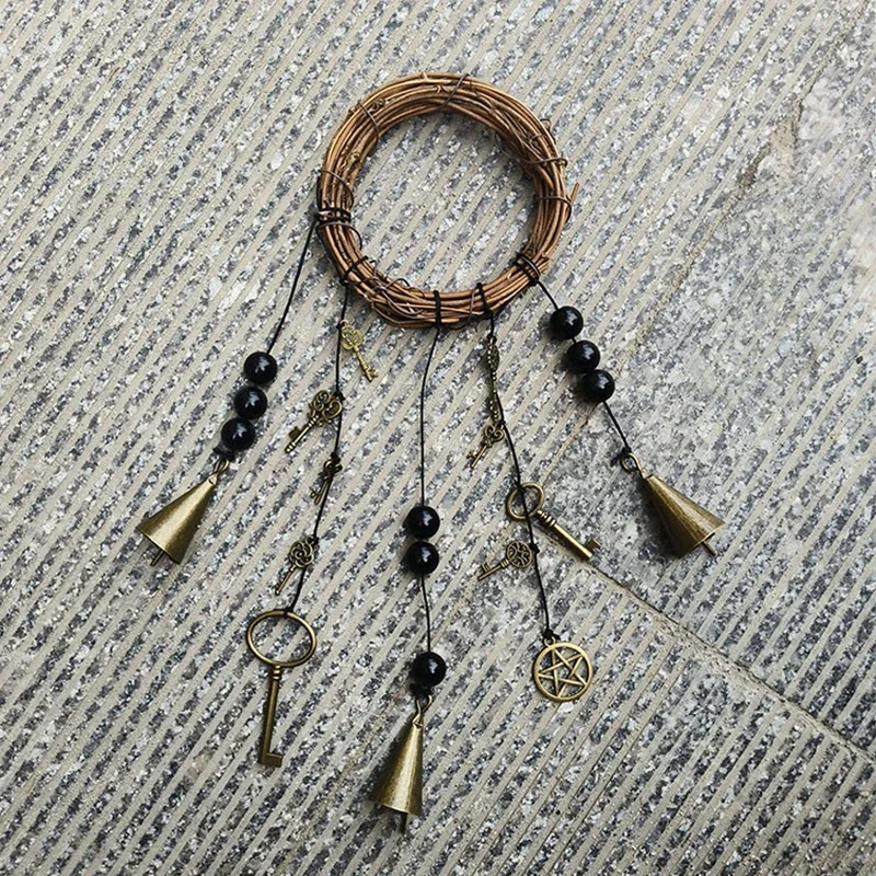 Boho Wind Chime with Bells, Handmade Wicker Wreath Hanging Ornament