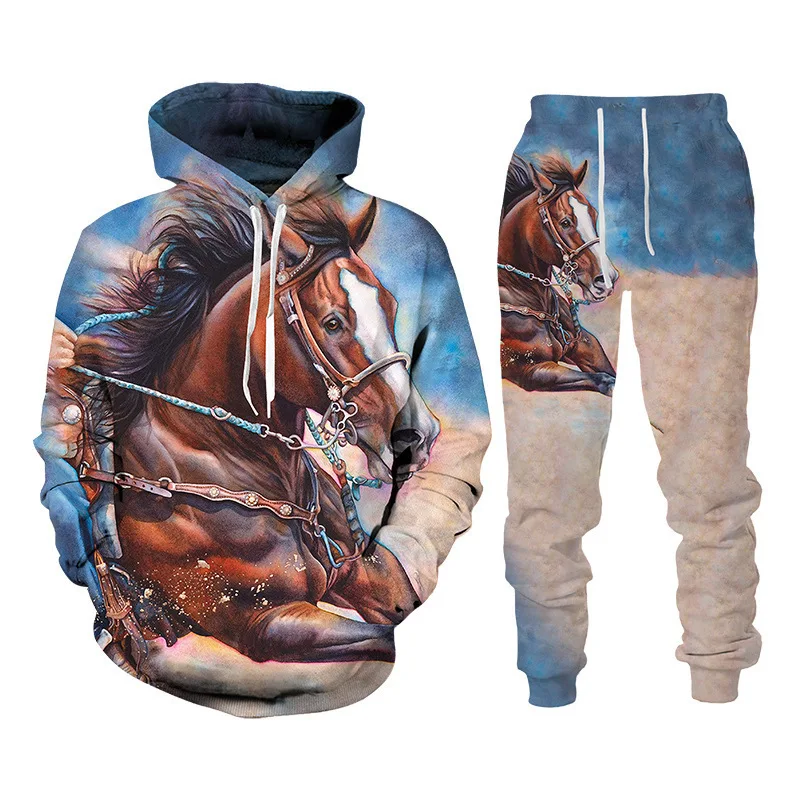 Vintage Animals 3D Horse Print Man Woman Tracksuit Set Fashion Casual Hoodie+Pants 2 Piece Sets Trend Streetwear Kids Clothing