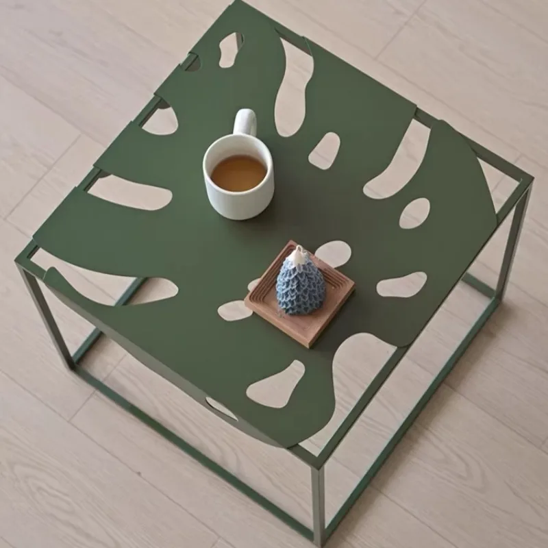 xx-Monstera Leaf Cutout Side Table, Square Metal Accent Table, Modern Minimalist End Table for Living Room Bedroom^