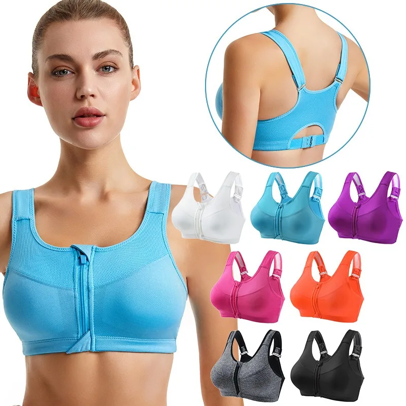 Women Plus Size Front Zipper Sports Bra High Impact Adjustable Racerback Wirefree Workout Running Yoga Bra S-5XL