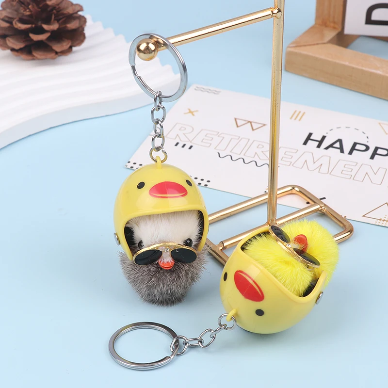 Cute Funny Fur Duck Figure Car Ornament Anime Doll Car Interior Accessories Lucky Helmeted Duck Hanging Decor For Car