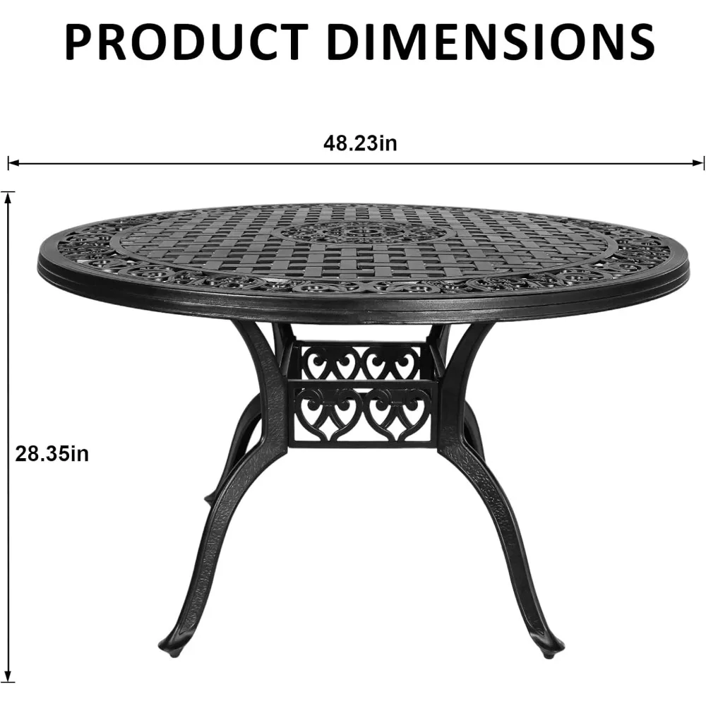 طاولة طعام مستديرة للاستخدام الخارجي مقاس 48 بوصة من الألومنيوم مع إطار مطلي بالمسحوق وحامل مظلة للحديقة