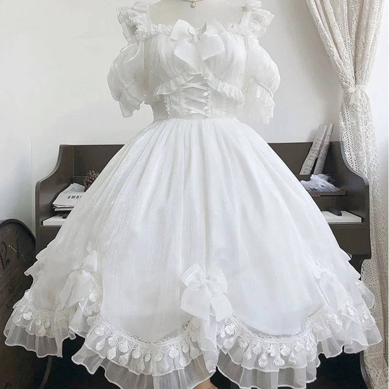 اليابانية الفيكتوري القوطية لوليتا فستان المرأة أسود أبيض أنيق عارية الذراعين فساتين الجنية Kawaii الحلو تأثيري فساتين صغيرة 2025