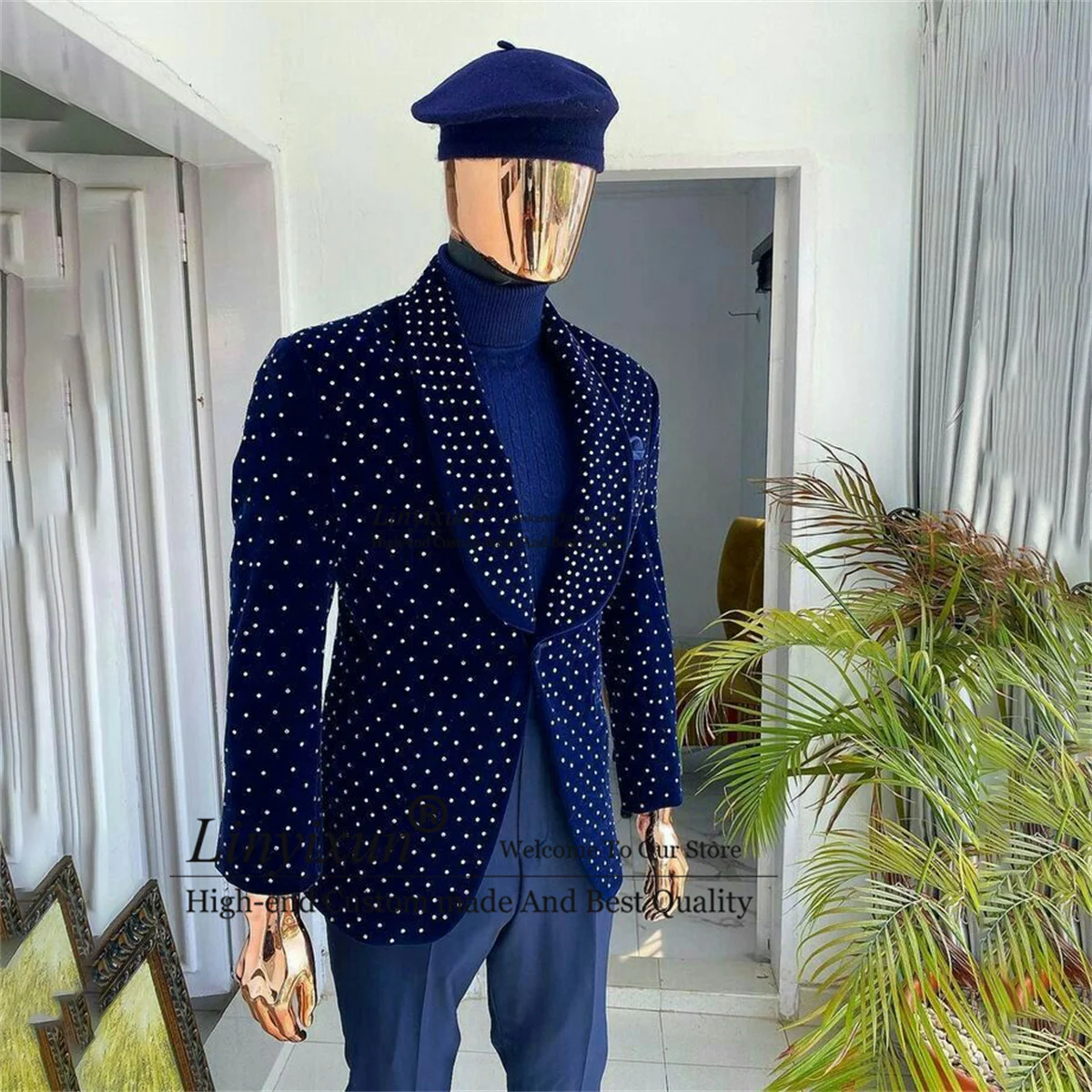 

Fashion Dot Men Suits Shawl Lapel Groom Wedding Tuxedos 2 Pieces Set Male Prom Party Blazers Navy Blue Terno Masculinos Completo