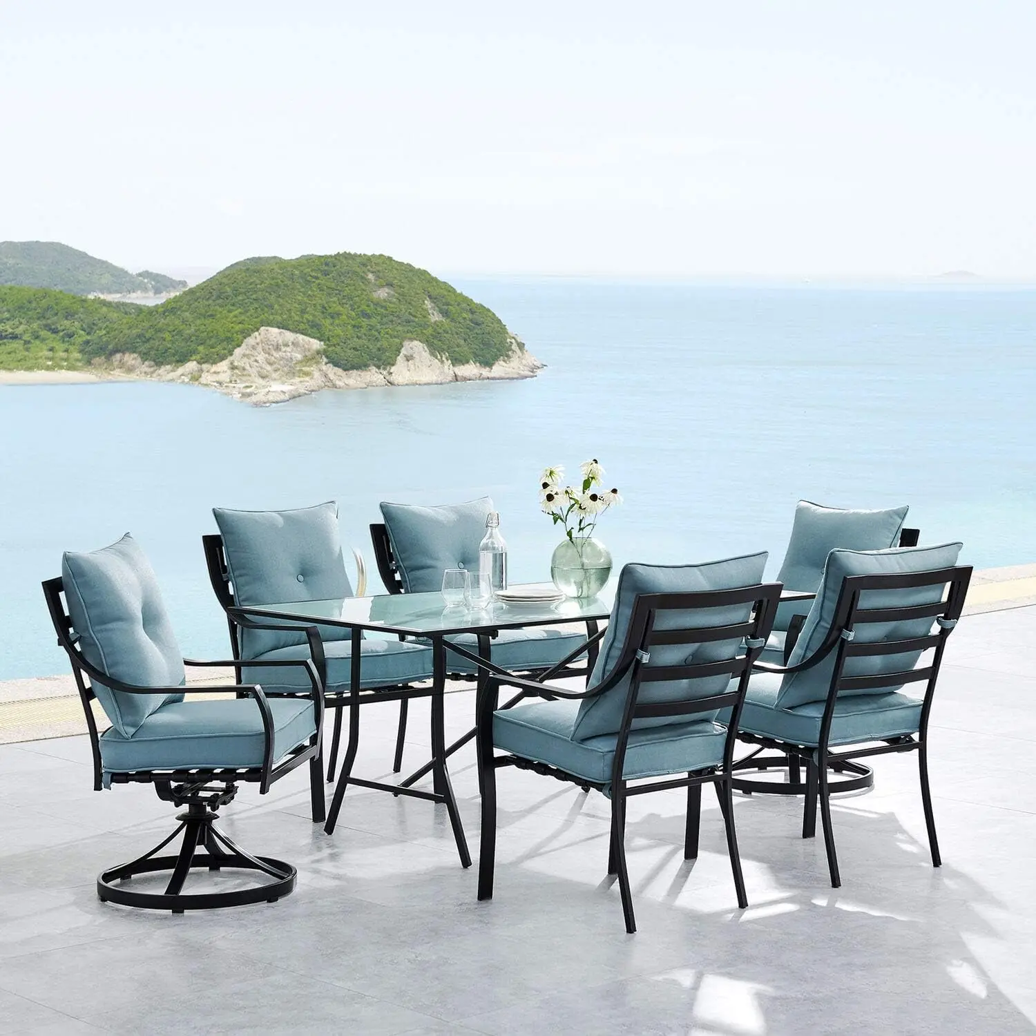 7-Piece Modern Outdoor Dining Set w/ 6 UV Protected Cushioned Swivel Rocker Chairs, Glass-Top Table & Weather Resistant Frames