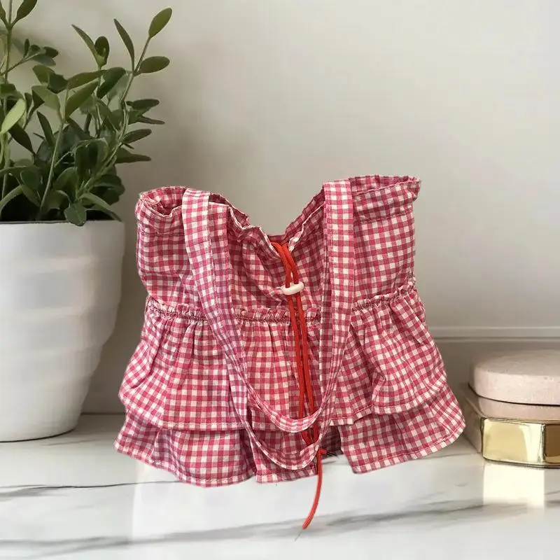 

Сладкая клетчатая хлопковая сумка с рюшами; Сумка через плечо большого объема идеально подходит для поездок на работу; Стильная женская сумка-тоут отличный подарок