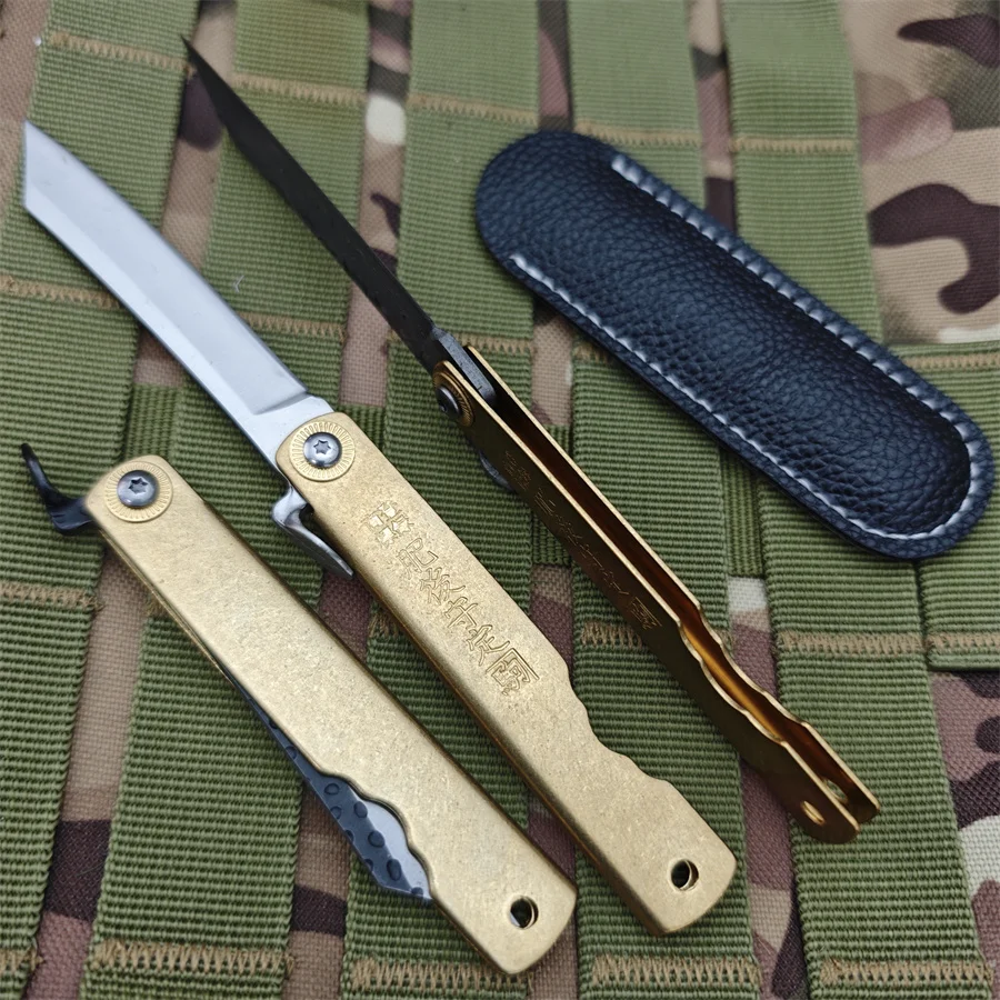 Folding Portable Knife Copper Handle Damascus Steel Blade Hunting Tactical Military Survival Outdoor Camping Utility Knife Tool