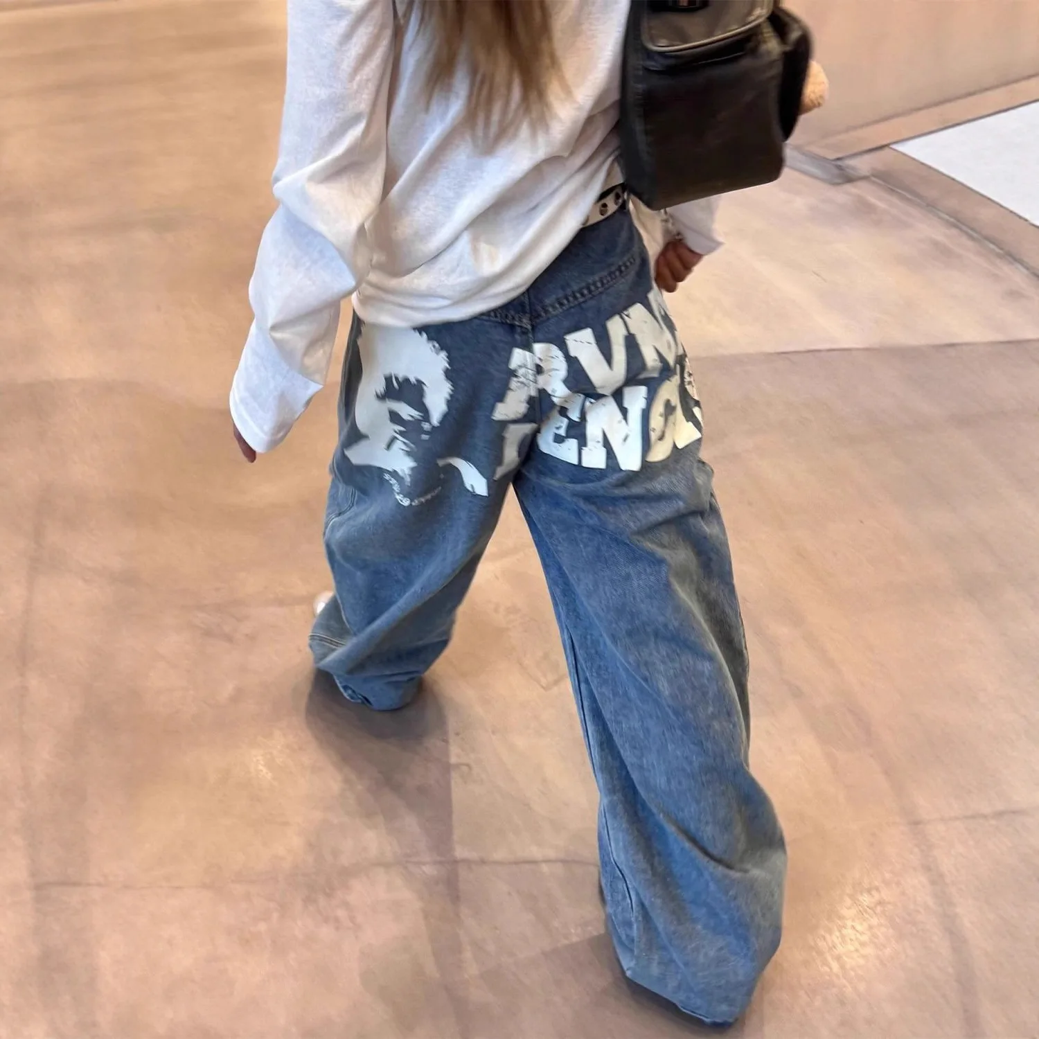 

American Retro Letter Printed Jeans for Women's Spring and Autumn New Styles Loose and Slimming Wide Leg Pants