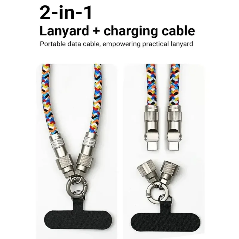 2 in 1 Multifunctional Cell Phone Charger Cable PD 60W Quick Charging Data Line Portable Phone Lanyard Straps with Tether Tabs