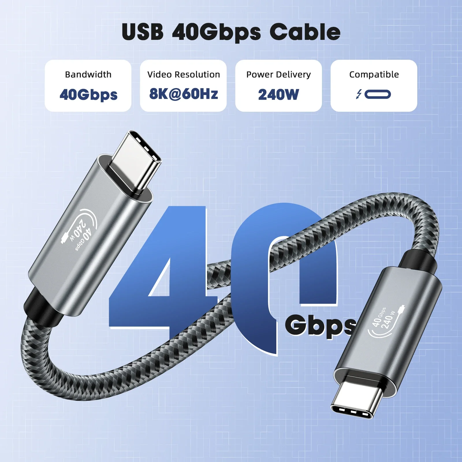 USB4 Cable 40Gbps 48V 240W Type C Fast Charging Cable 8K@60Hz Thunderbolt 4 USB C to C Data Transfer Cable for Samsung Macbook
