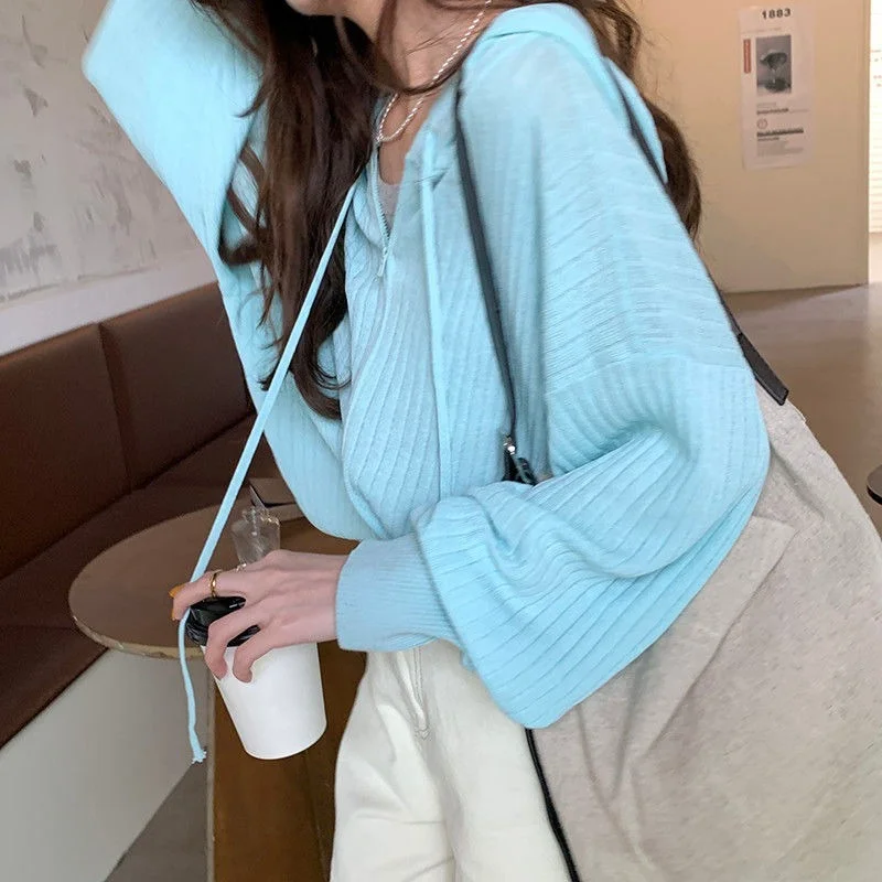

Cardigan Women Summer Fresh Sweet Hooded Female Solid Leisure All-match Ulzzang Student Loose Popular Knitwear Zipper Chic Mujer