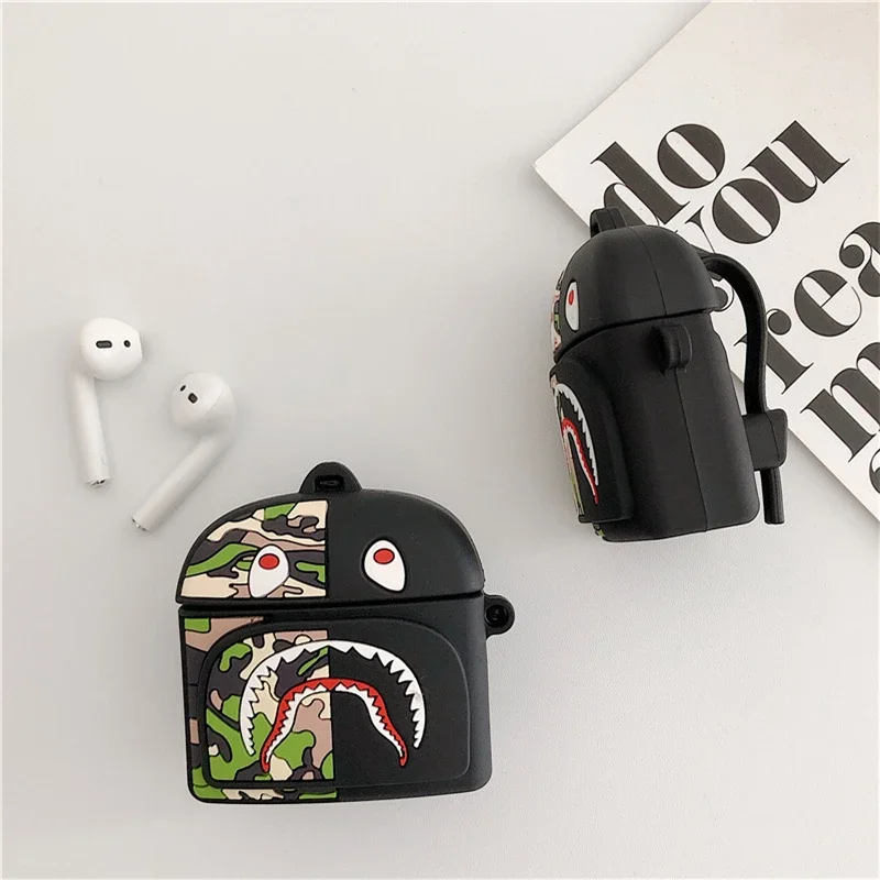 3D Cute Camouflage Shark Backpack For Airpods Pro Bluetooth Headset Cover for Apple Airpods 1 2 3 Silicone Earphone Case