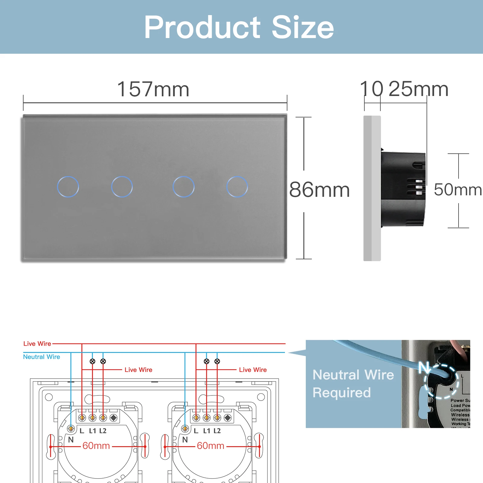 Bseed 4 Gang 1/2/3way Wifi Control Light Switch Touch Switch Wall Switch Crystal Class Panel Fashion Smart Switch Work With Tuya