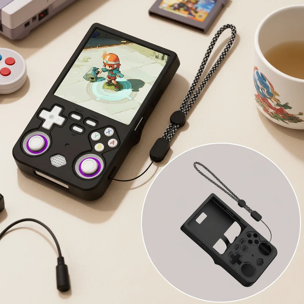 For R36 Ultra Silicone Protective Case Handheld Gaming Console Dustproof Anti-Scratch Storage Box Soft Shell With Lanyard