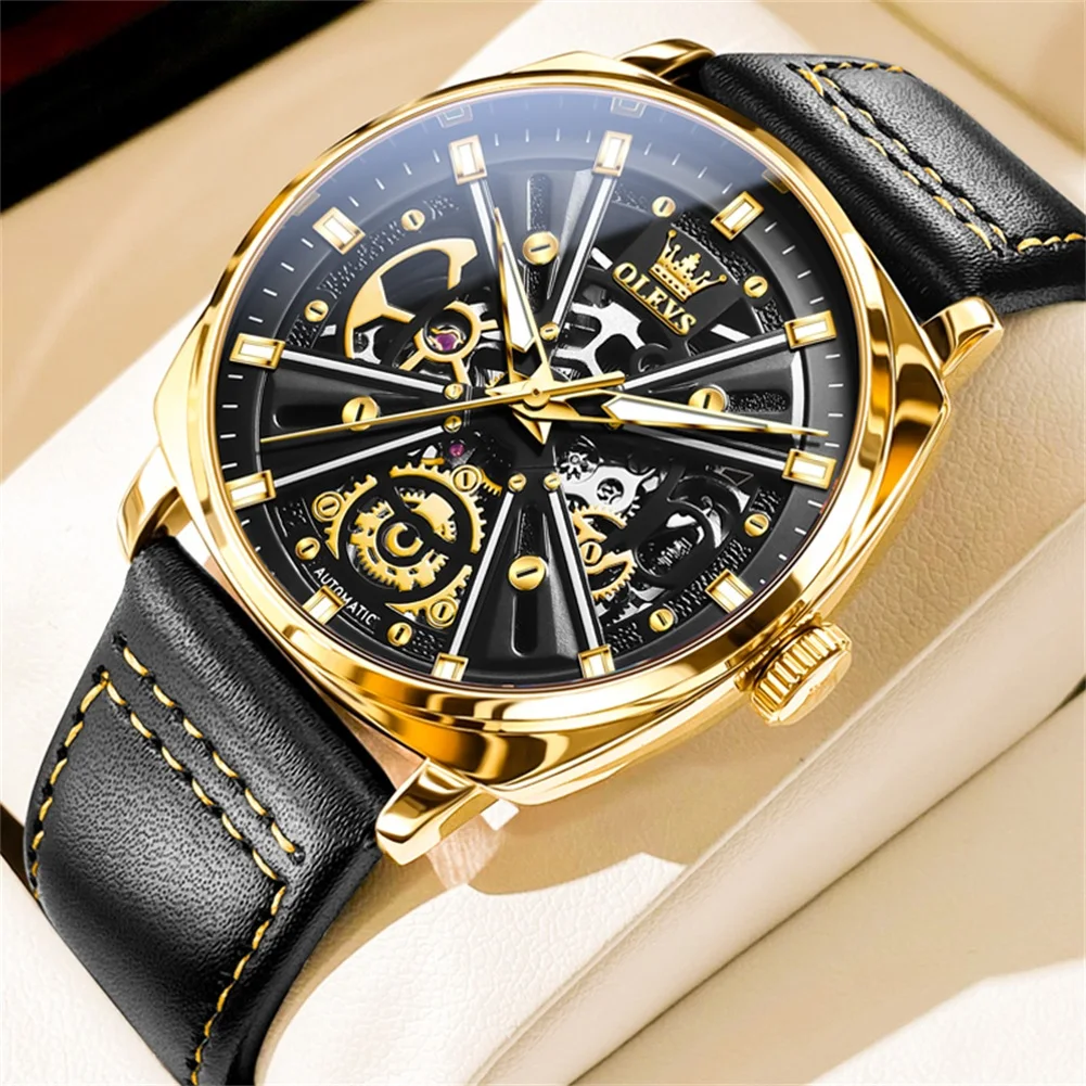 OLEVS New Gold Luxury Casual Design Leather Automatic Mens Watches Brand Luxury Mechanical Skeleton Watch Relogio Masculino