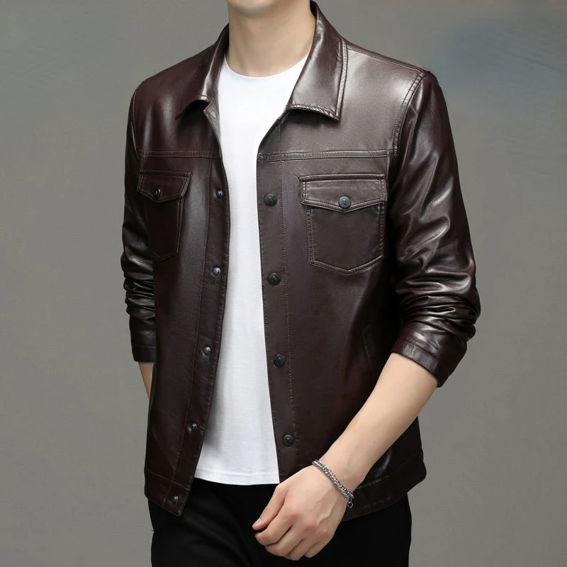 

2023 Men's Leather Suit Spring Autumn New Button Lapel Casual Young and Middle-Aged PU Jacket Men's Fashion Brand Male Coat A21