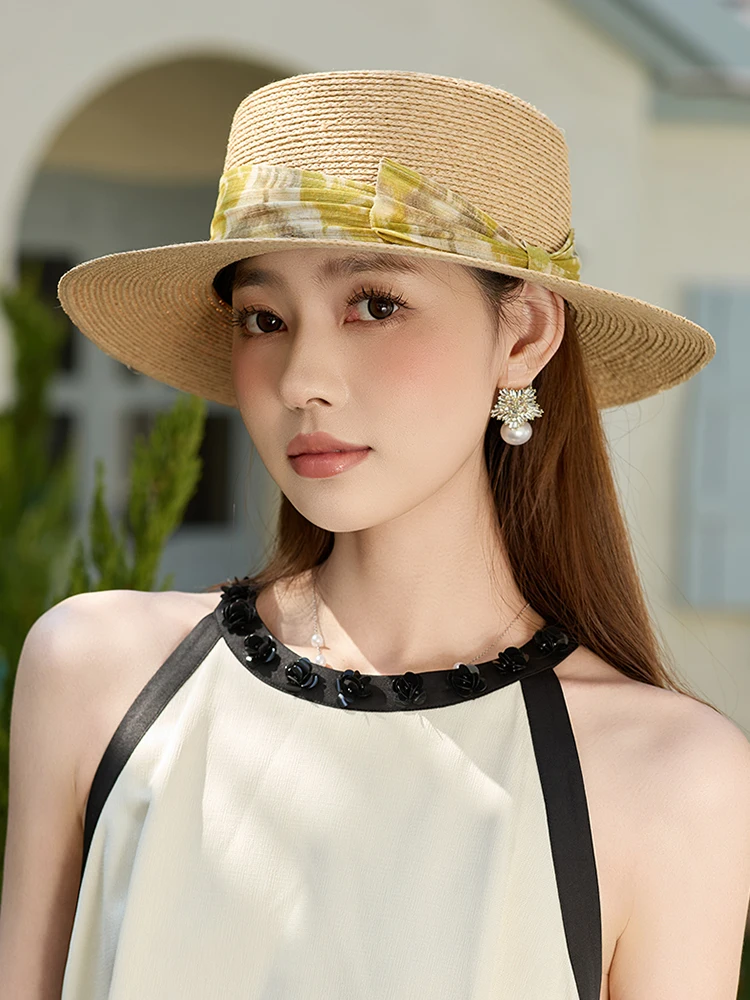 2025-new-style-lady's-flat-brim-hepburn-style-sunshade-fishing-hat-travel-cap-youthful-spring-summer-elegant-hat-with-bow-tie
