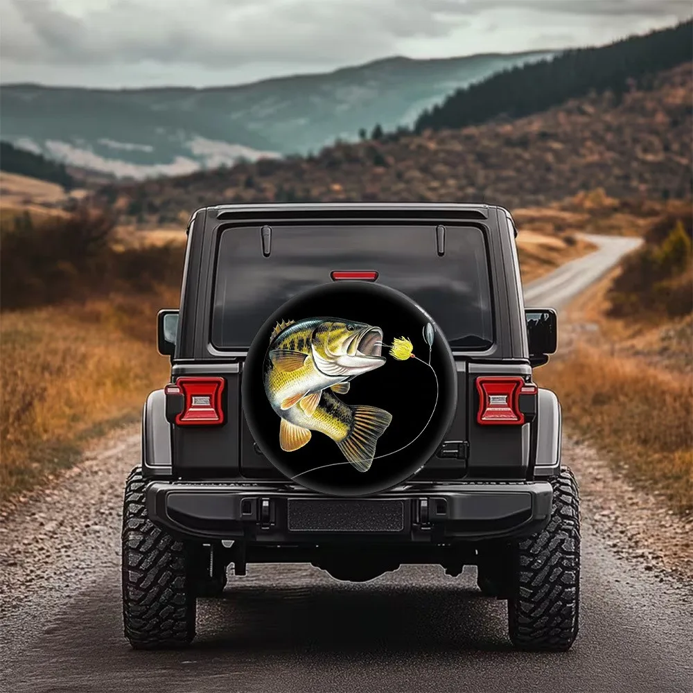Realistic Bass Fish Graphic Tire Cover Waterproof Polyester Spare Wheel Protector for SUV Truck