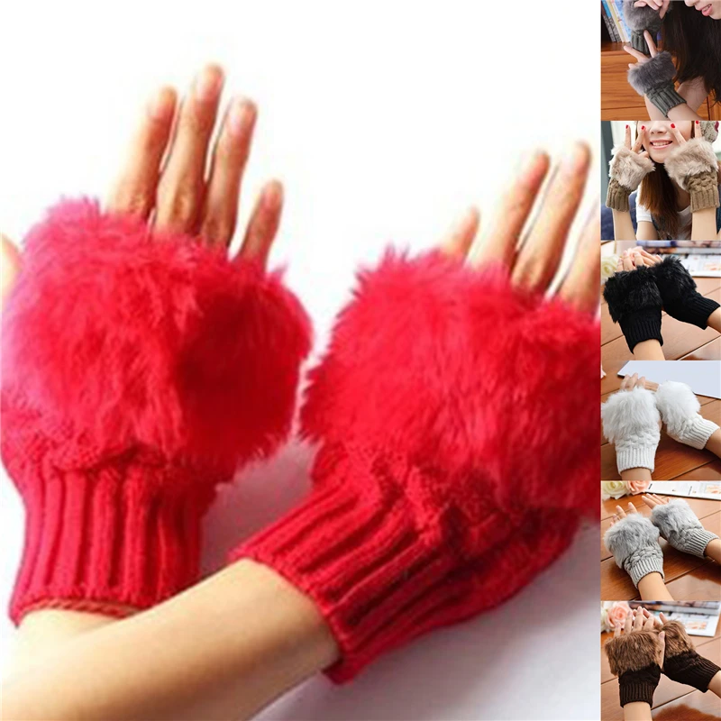 Guantes de invierno para mujer, manopla corta de moda cálida de calidad tejida de felpa dulce, guantes de medio dedo sin dedos para mujer