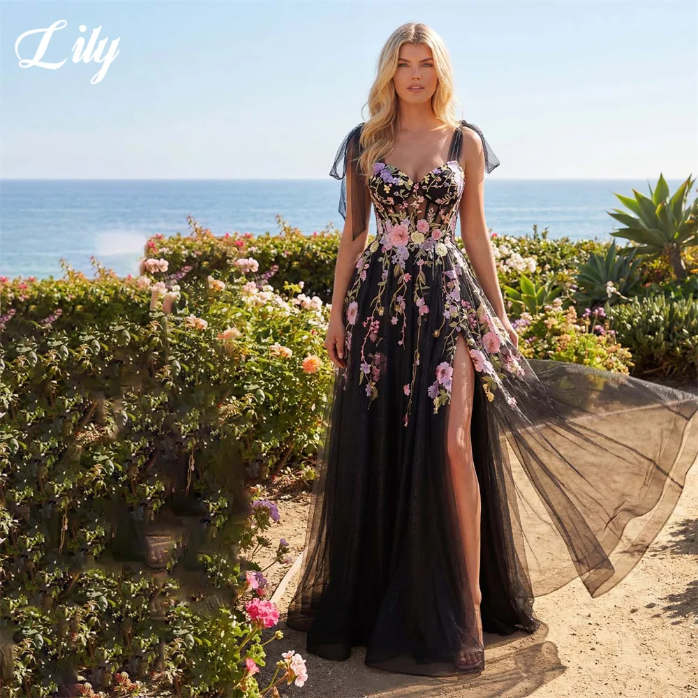 

Lily Black 프롬 드레 Spaghetti Strap Sleeveless Prom Gown Embroidery Flowers Party Dresses for Formal Event A Line Customized
