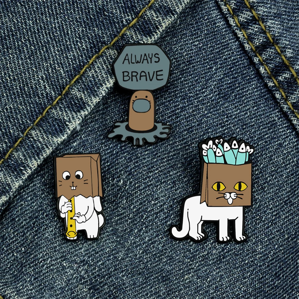 Funny Creative Cats Mole Enamel Pin ALWAYS BRAVE Badge Dried Fish Paper Bag Kitten Animal Brooches Denim Shirt Lapel Pin Jewelry image 2