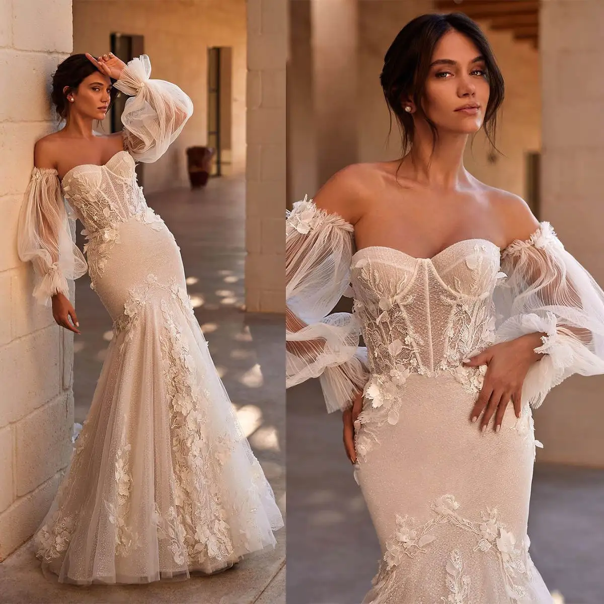 

Fashion Mermaid Wedding Dresses For Women Sweetheart Neck Removable Sleeves Bridal Gown Appliques Sweep Train Dress Custom Made