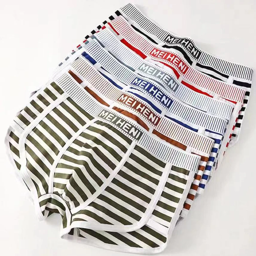 

Men Casual Striped Blend Cotton Boxer Briefs Shorts Bulge Pouch Underwear Breathable Gym Fitness Panties Underpants