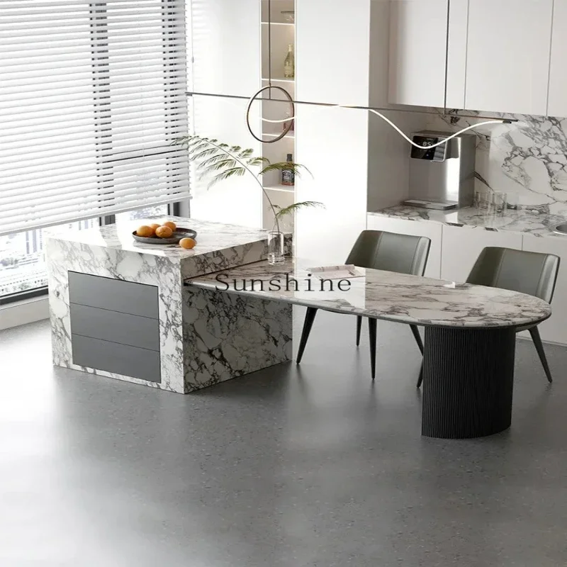 YRock slab island dining table integrated simple modern retractable French retro style marble table
