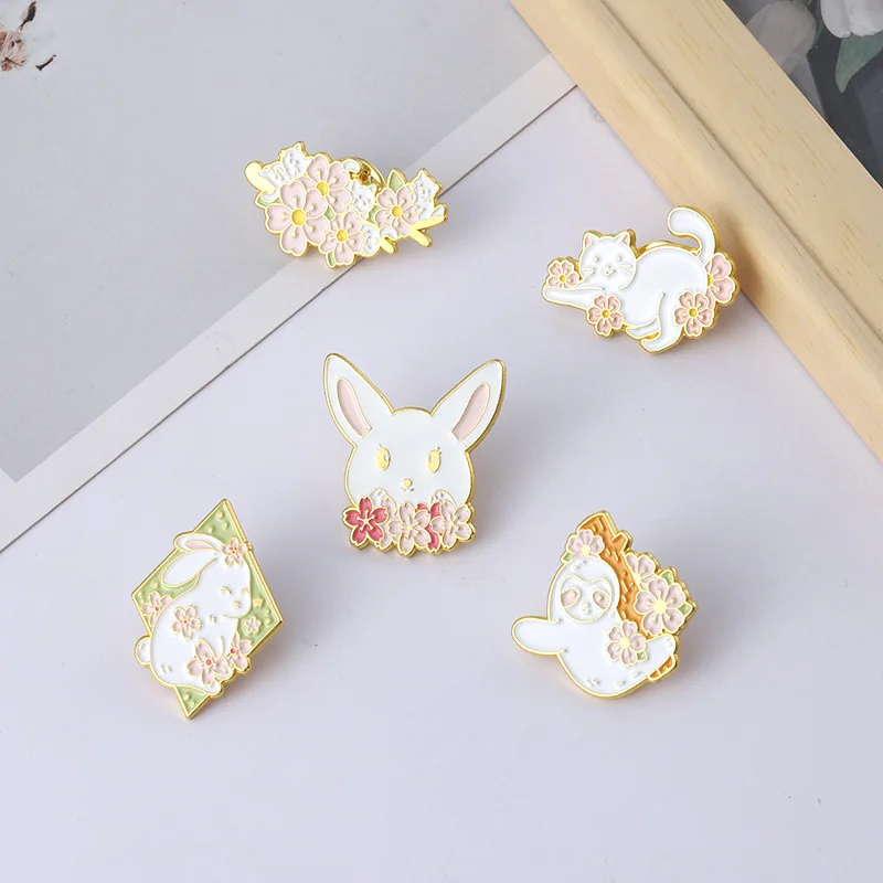 Flower Bush Animals Enamel Pins Custom Rabbit Bunny Cat Sloth Brooch Lapel Badge Cartoon Cute Jewelry Gift for Kids Friends