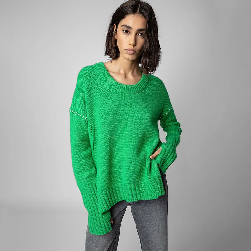 Zadig Fashion Knitwear Jumpers Women Crew Neck Embroidered Cashmere Sweaters Female Casual Long Sleeve Green Winter Sweater Tops